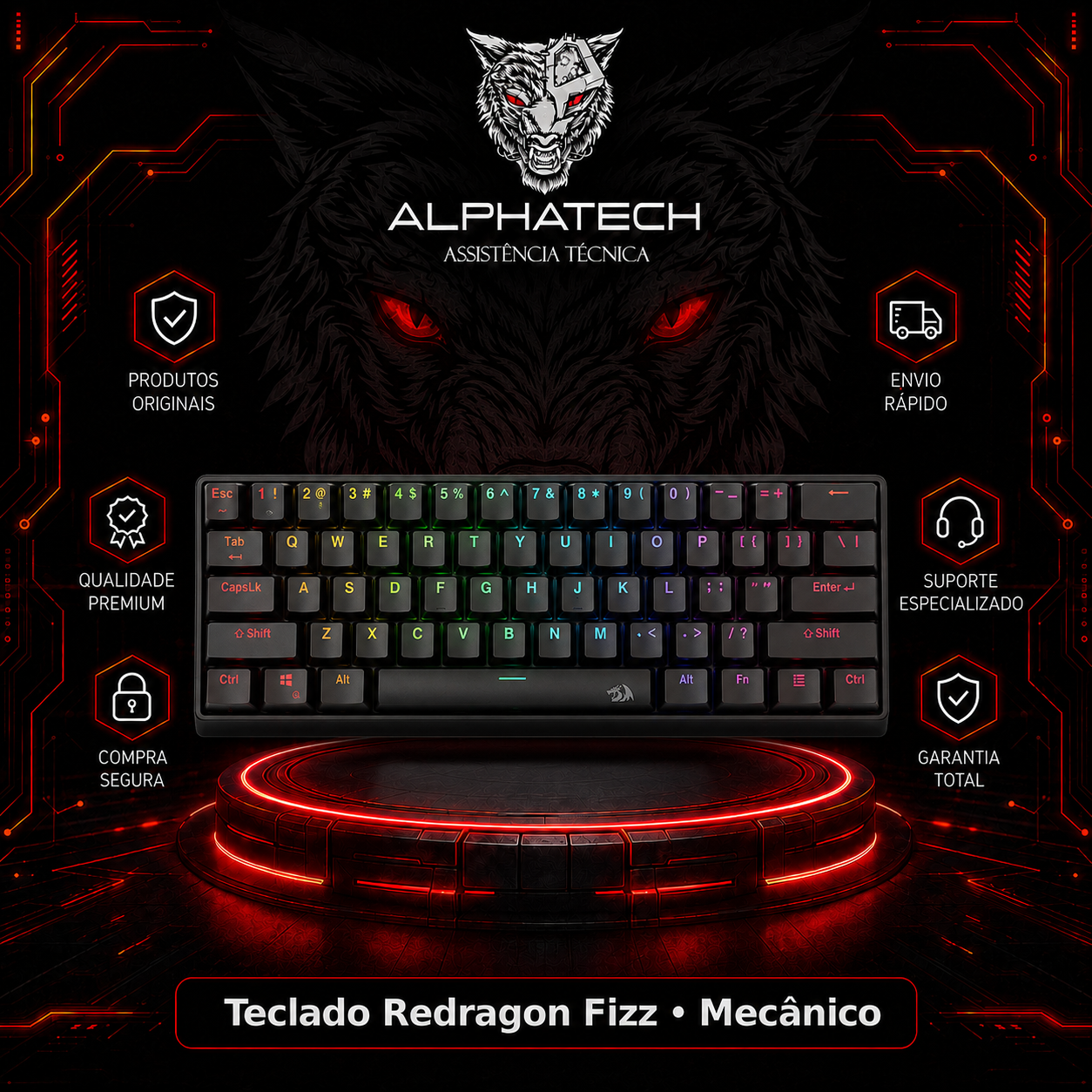 Teclado Mecânico Gamer Compacto Redragon Fizz Preto RGB K617-RGB-B